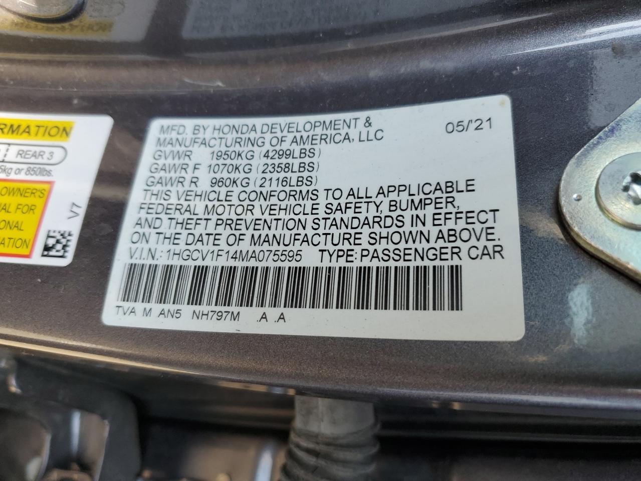 2021 Honda Accord Lx VIN: 1HGCV1F14MA075595 Lot: 84048655