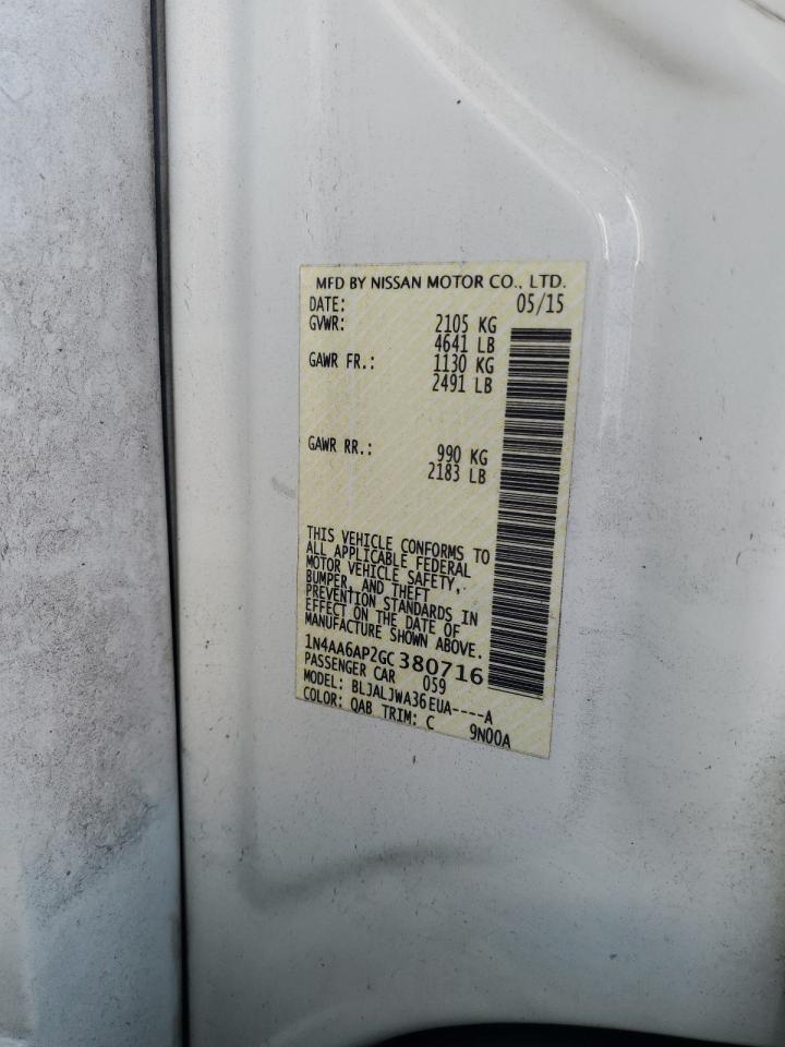 2016 Nissan Maxima 3.5S VIN: 1N4AA6AP2GC380716 Lot: 81375465