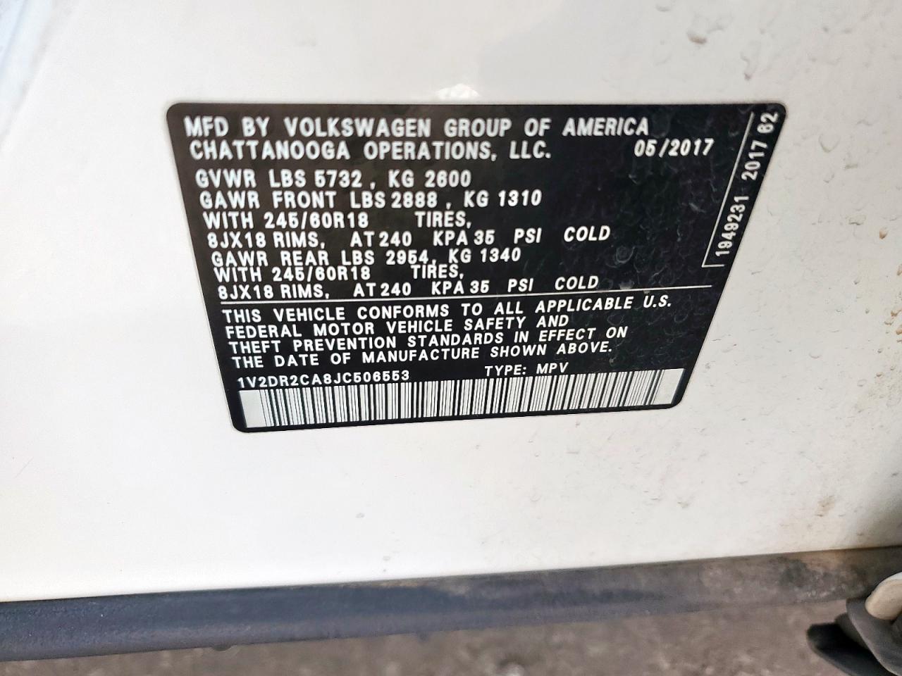 2018 Volkswagen Atlas Se VIN: 1V2DR2CA8JC506553 Lot: 81326425