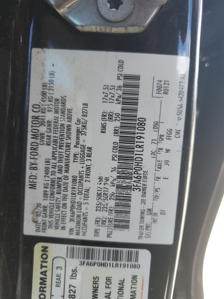 2020 Ford Fusion Se VIN: 3FA6P0HD1LR191080 Lot: 82117185