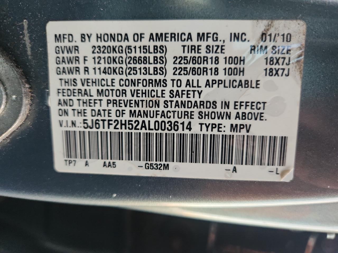 2010 Honda Accord Crosstour Exl VIN: 5J6TF2H52AL003614 Lot: 84280035