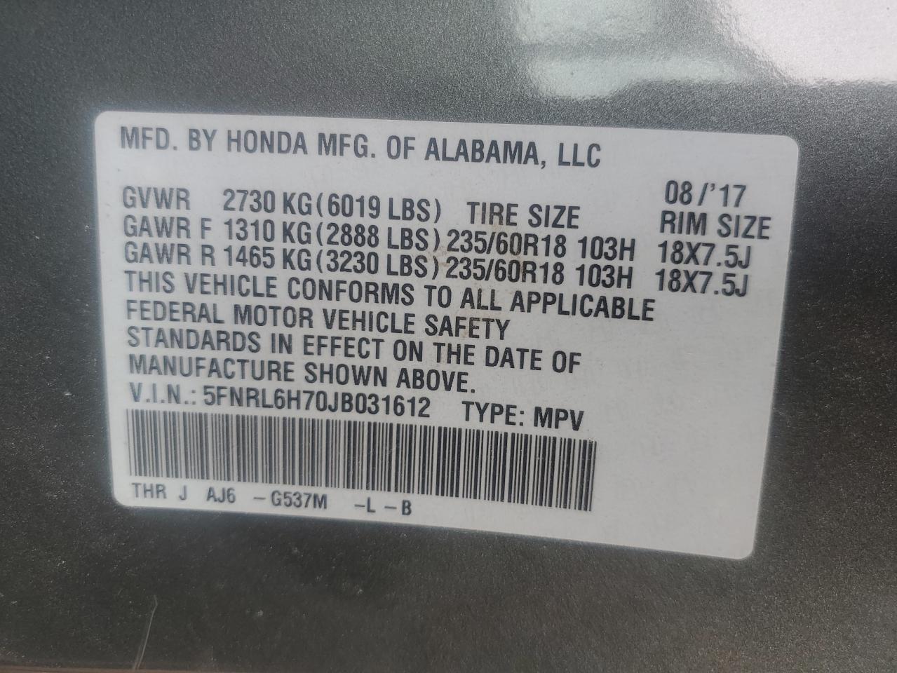2018 Honda Odyssey Exl VIN: 5FNRL6H70JB031612 Lot: 83766915