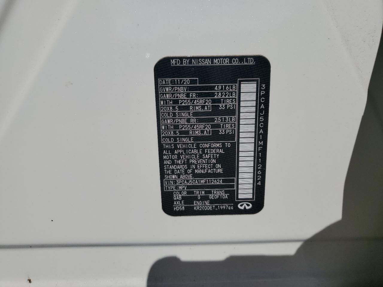 2021 Infiniti Qx50 Essential VIN: 3PCAJ5CA1MF112624 Lot: 71922295