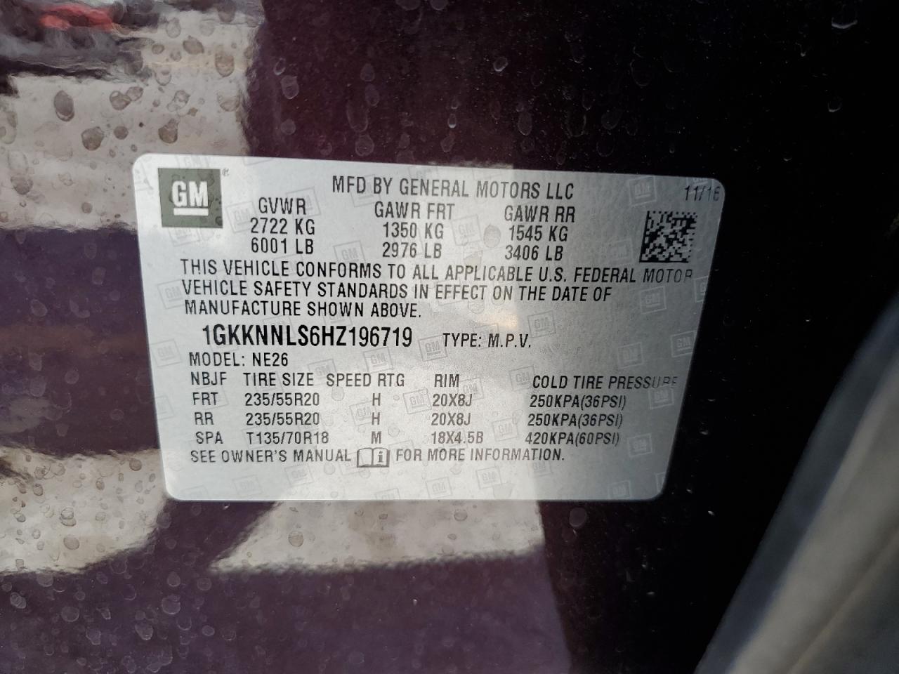 2017 GMC Acadia Slt-2 VIN: 1GKKNNLS6HZ196719 Lot: 80405185