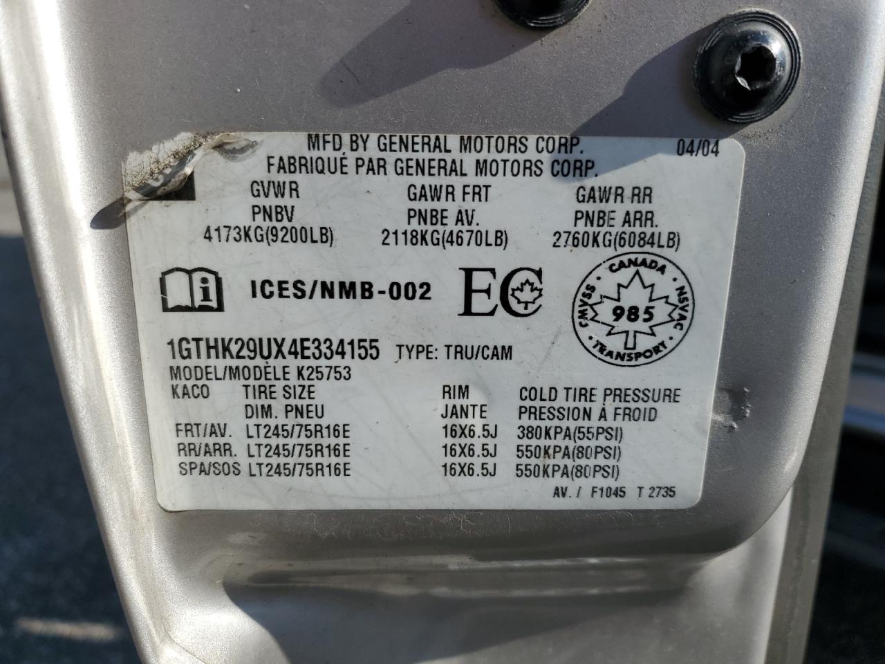 2004 GMC Sierra K2500 Heavy Duty VIN: 1GTHK29UX4E334155 Lot: 81437105