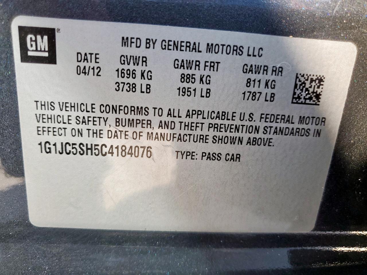 2012 Chevrolet Sonic Lt VIN: 1G1JC5SH5C4184076 Lot: 81641565