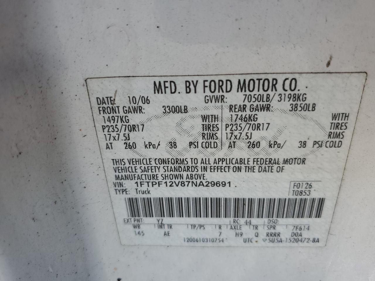 2007 Ford F150 VIN: 1FTPF12V87NA29691 Lot: 84632185