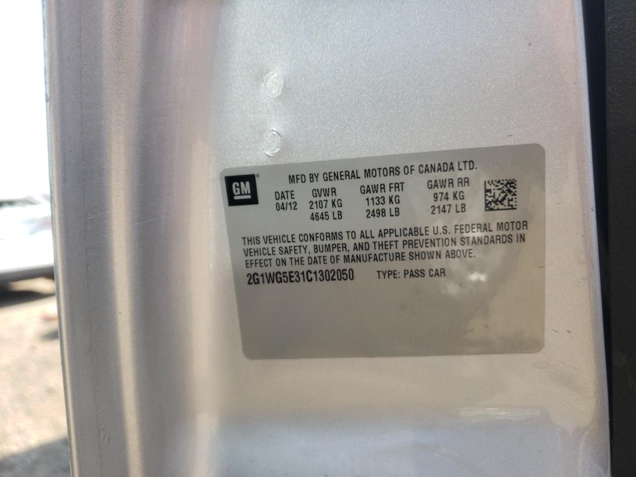 2012 Chevrolet Impala Lt VIN: 2G1WG5E31C1302050 Lot: 71714005