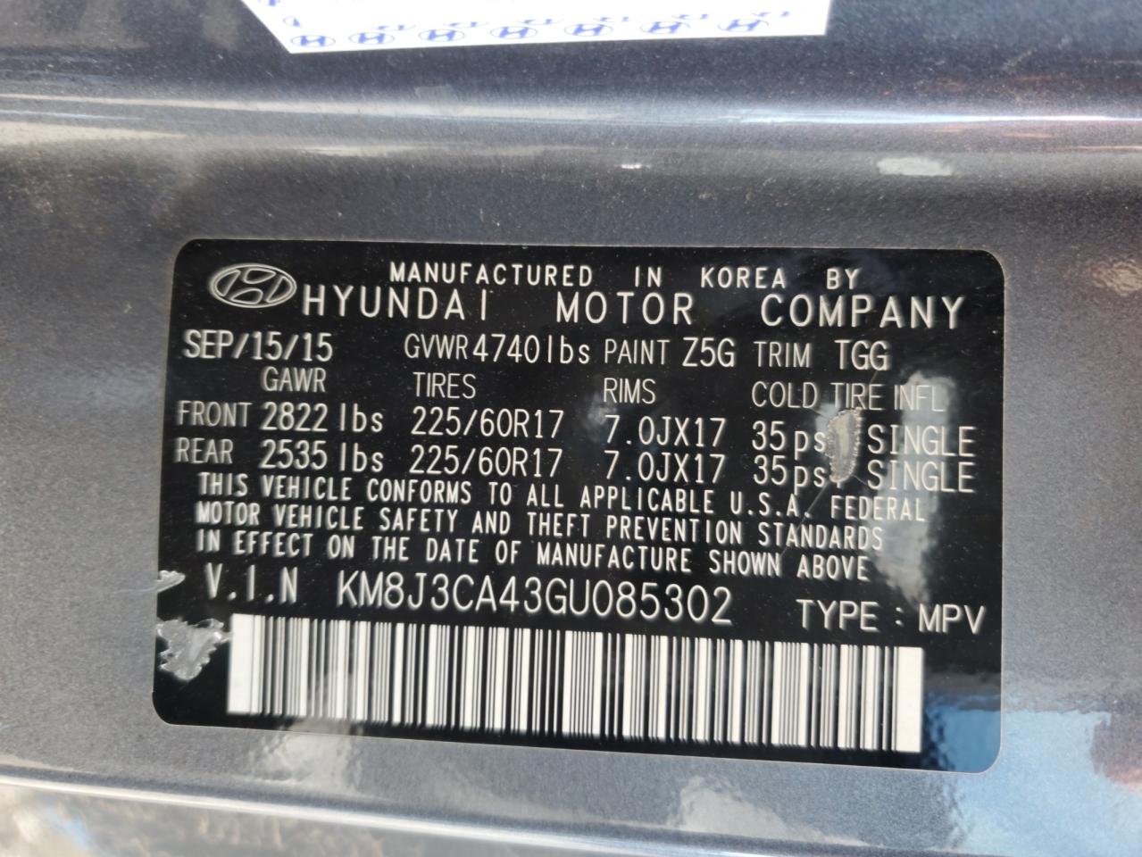 2016 Hyundai Tucson Limited VIN: KM8J3CA43GU085302 Lot: 80089805