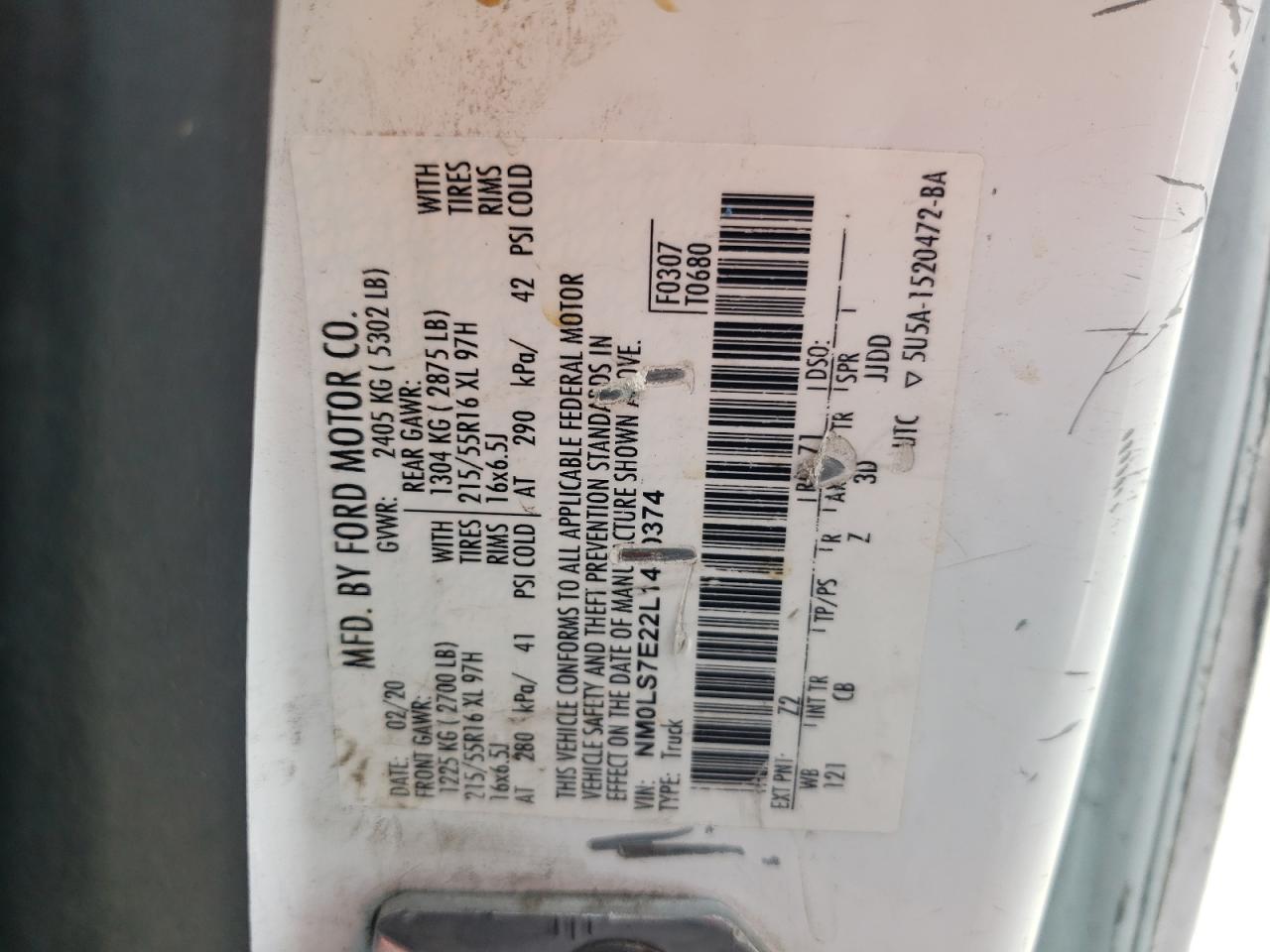 2020 Ford Transit Connect Xl VIN: NM0LS7E22L1470374 Lot: 92517085