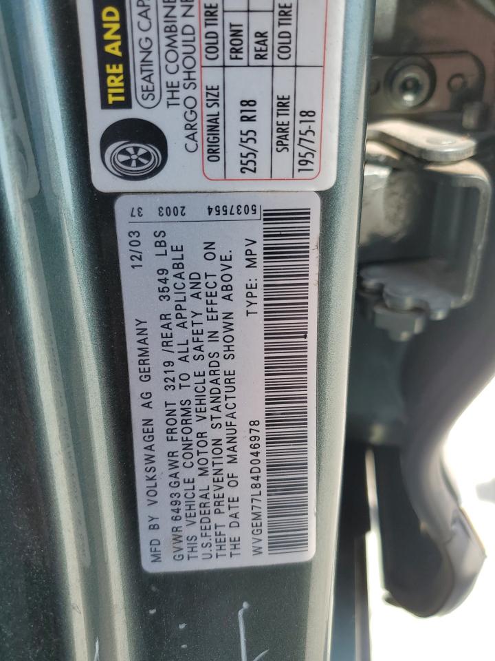 2004 Volkswagen Touareg 4.2 VIN: WVGEM77L84D046978 Lot: 80695485