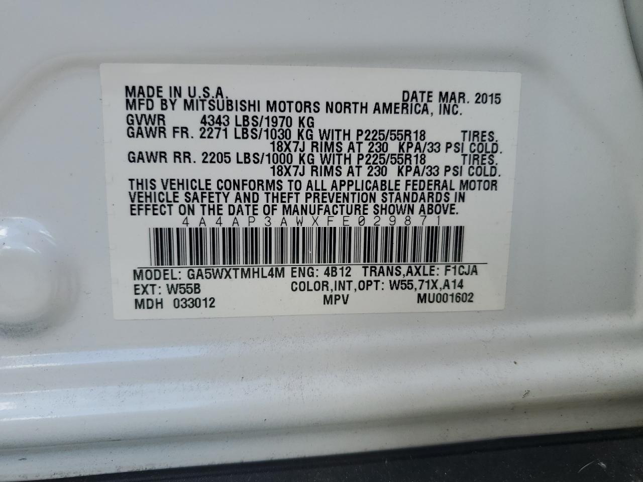 2015 Mitsubishi Outlander Sport Es VIN: 4A4AP3AWXFE029871 Lot: 70819915