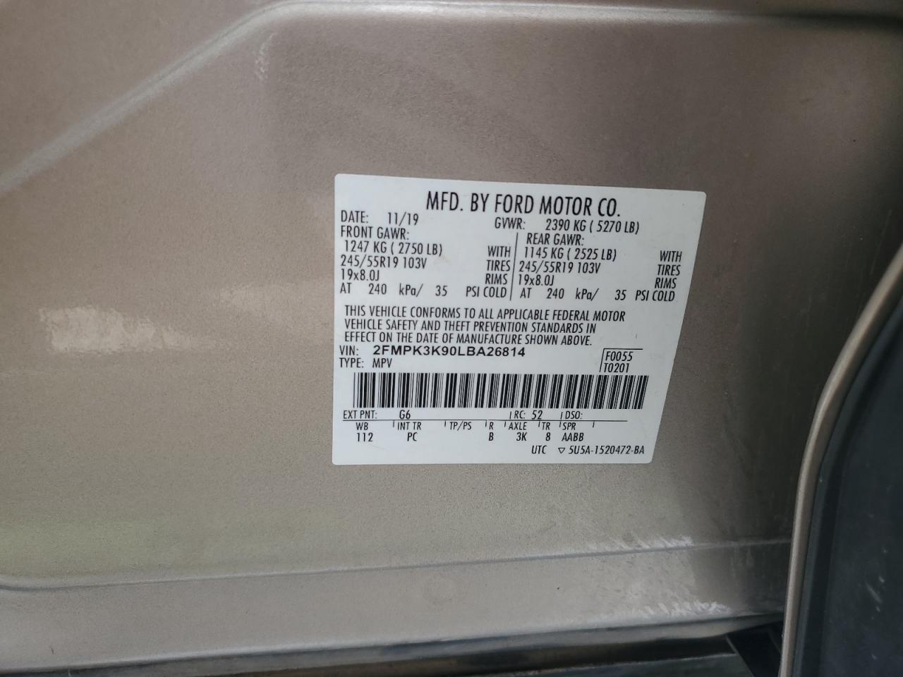 2020 Ford Edge Titanium VIN: 2FMPK3K90LBA26814 Lot: 81798535