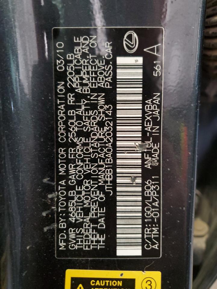 2010 Lexus Hs 250H VIN: JTHBB1BA0A2032143 Lot: 80844255