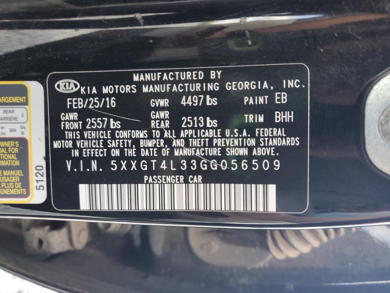 2016 Kia Optima Lx VIN: 5XXGT4L33GG056509 Lot: 81822405