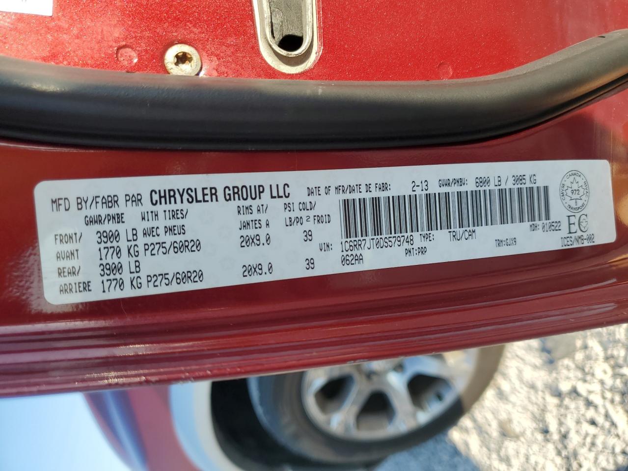 2013 Ram 1500 Laramie VIN: 1C6RR7JT0DS579748 Lot: 80430235