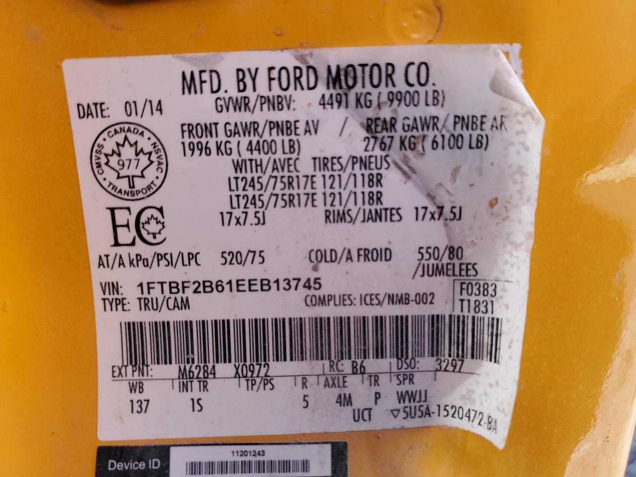 2014 Ford F250 Super Duty VIN: 1FTBF2B61EEB13745 Lot: 71543075