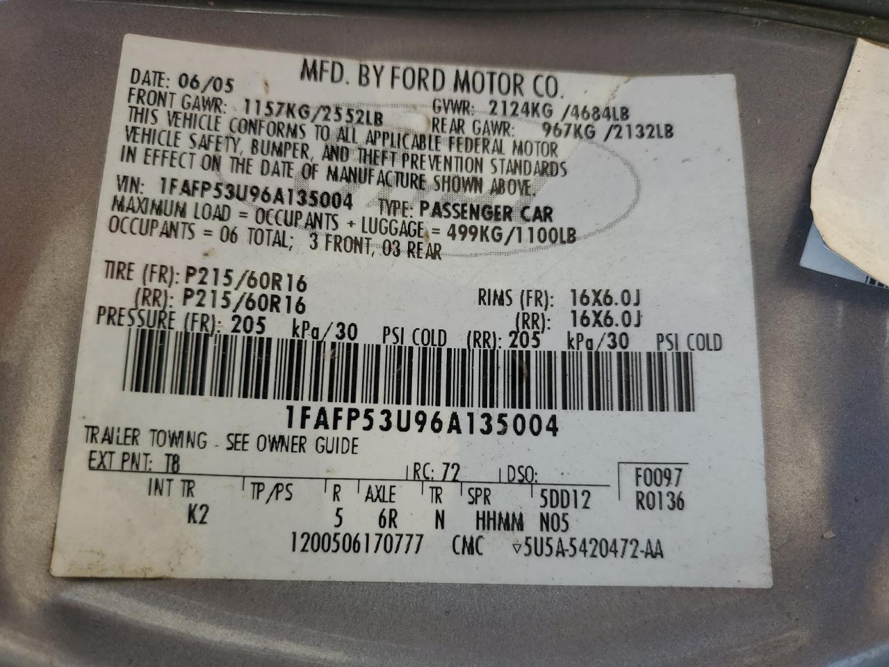 2006 Ford Taurus Se VIN: 1FAFP53U96A135004 Lot: 83863735