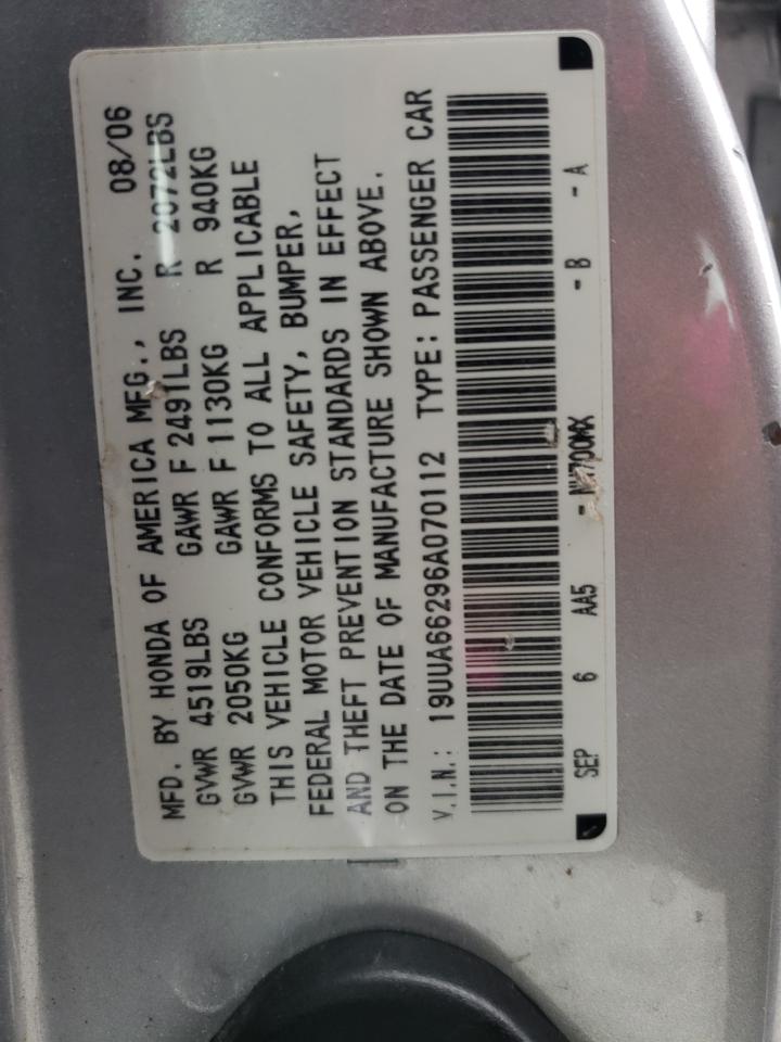 2006 Acura 3.2Tl VIN: 19UUA66296A070112 Lot: 80537255