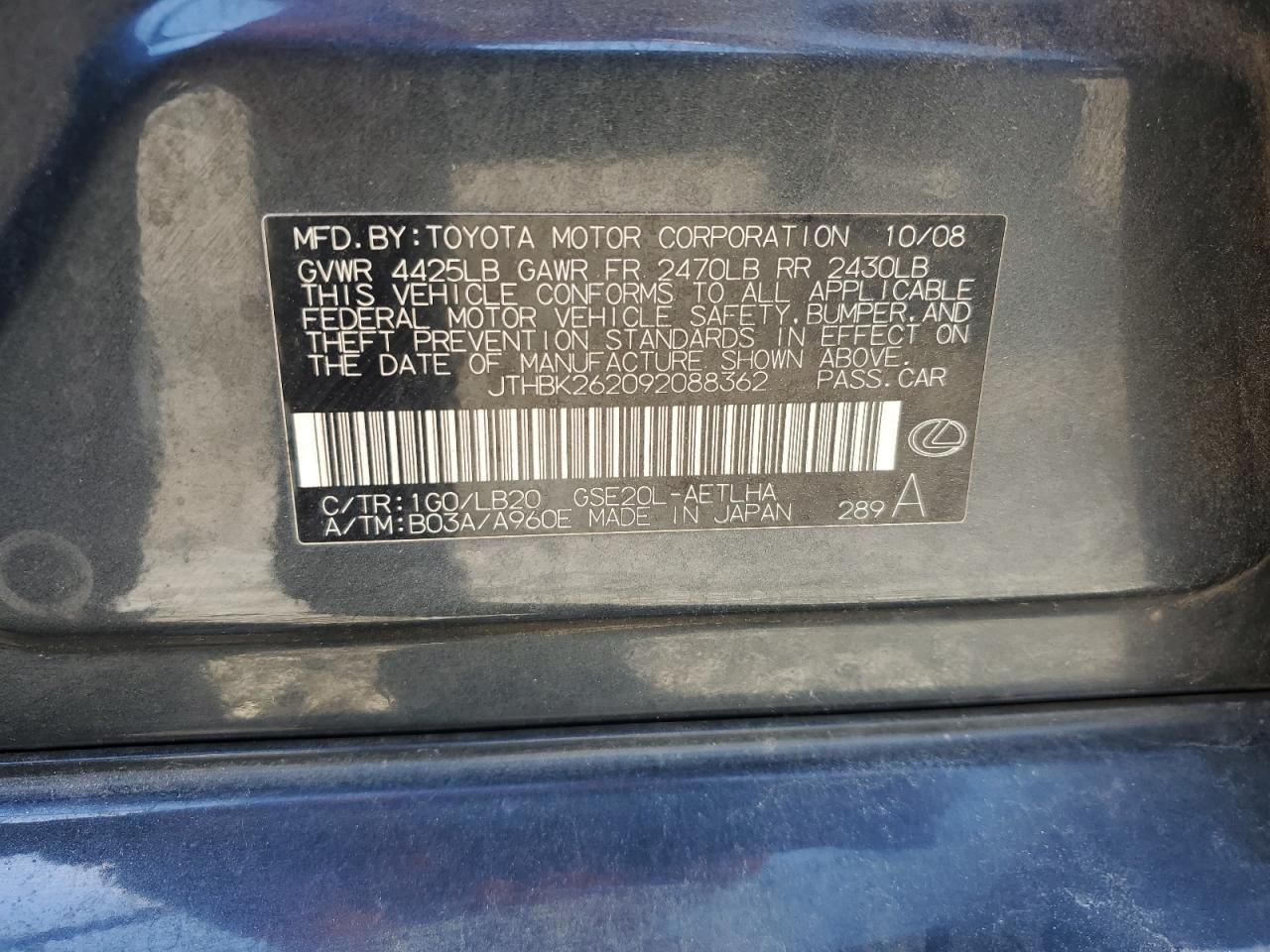 2009 Lexus Is 250 VIN: JTHBK262092088362 Lot: 71825055