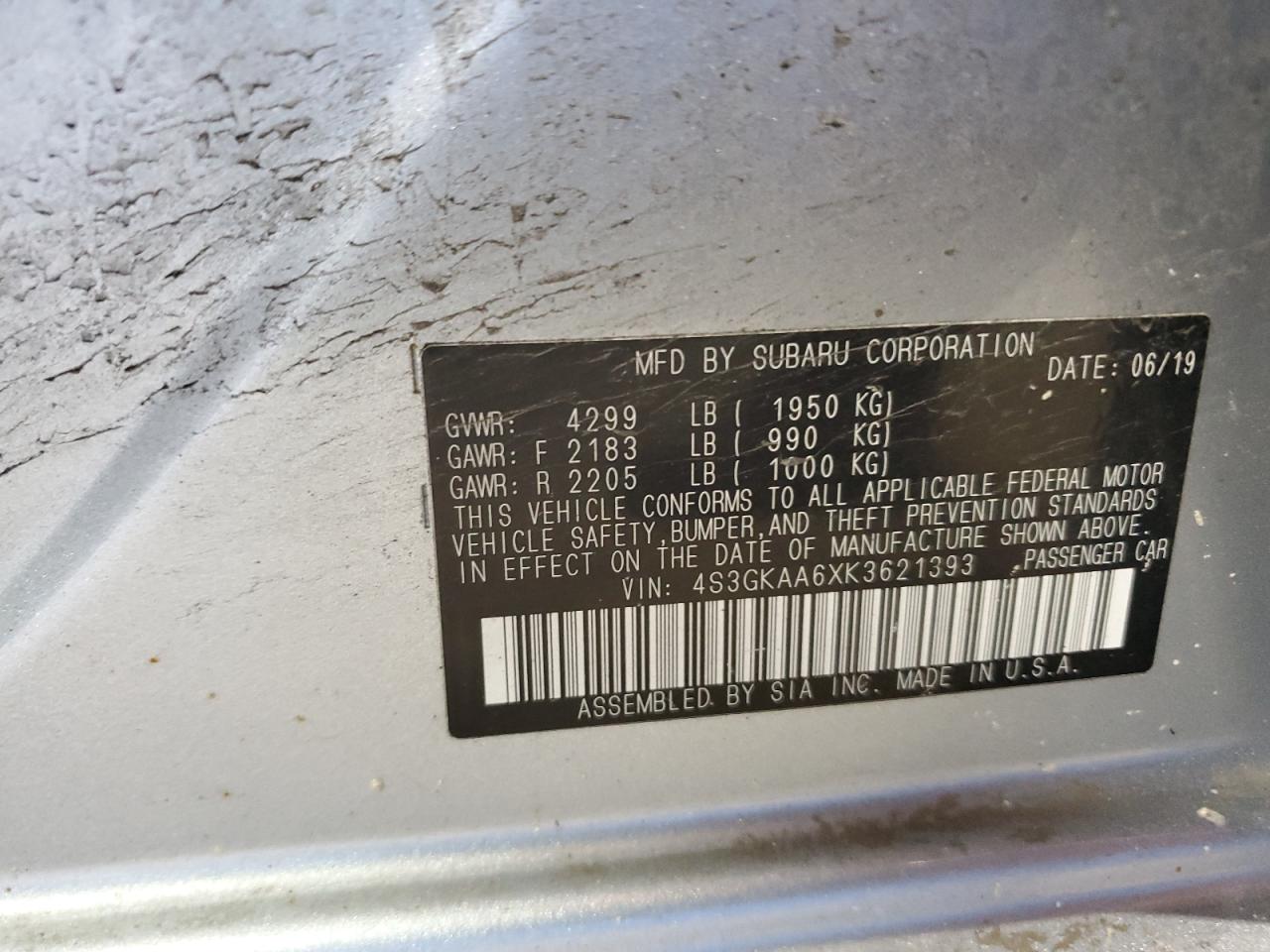 2019 Subaru Impreza VIN: 4S3GKAA6XK3621393 Lot: 80779435