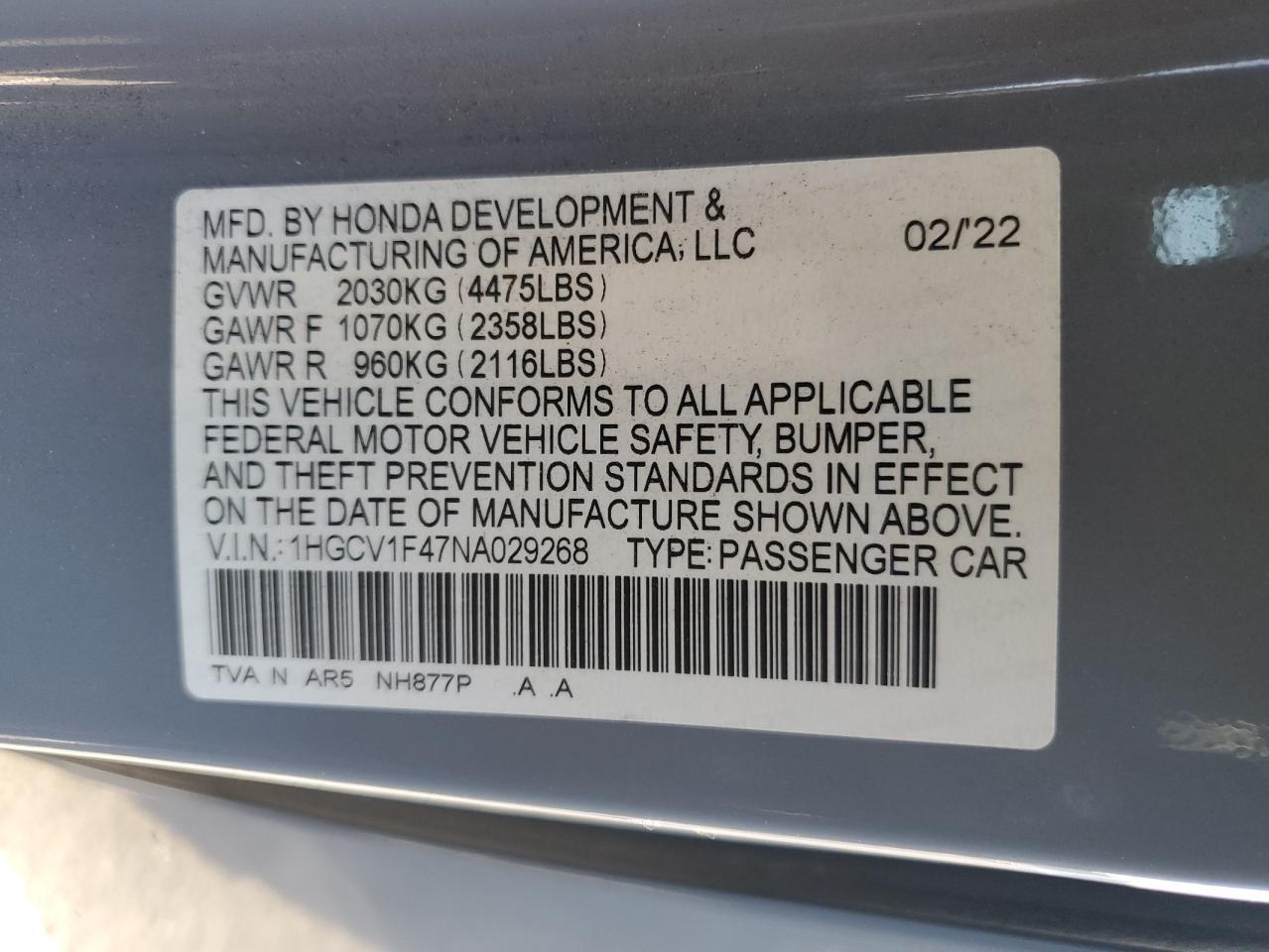 2022 Honda Accord Sport Se VIN: 1HGCV1F47NA029268 Lot: 81525555