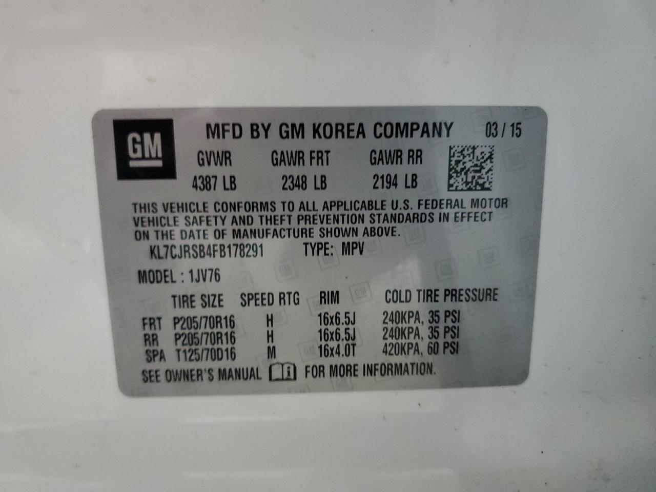 2015 Chevrolet Trax 1Lt VIN: KL7CJRSB4FB178291 Lot: 82068255