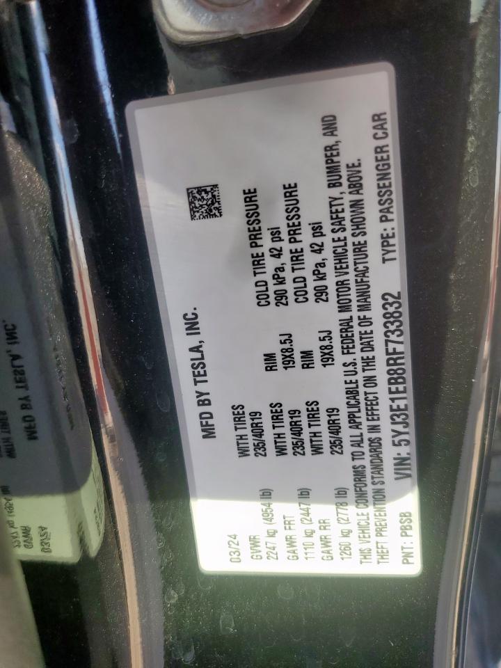2024 Tesla Model 3 VIN: 5YJ3E1EB8RF733832 Lot: 84284095