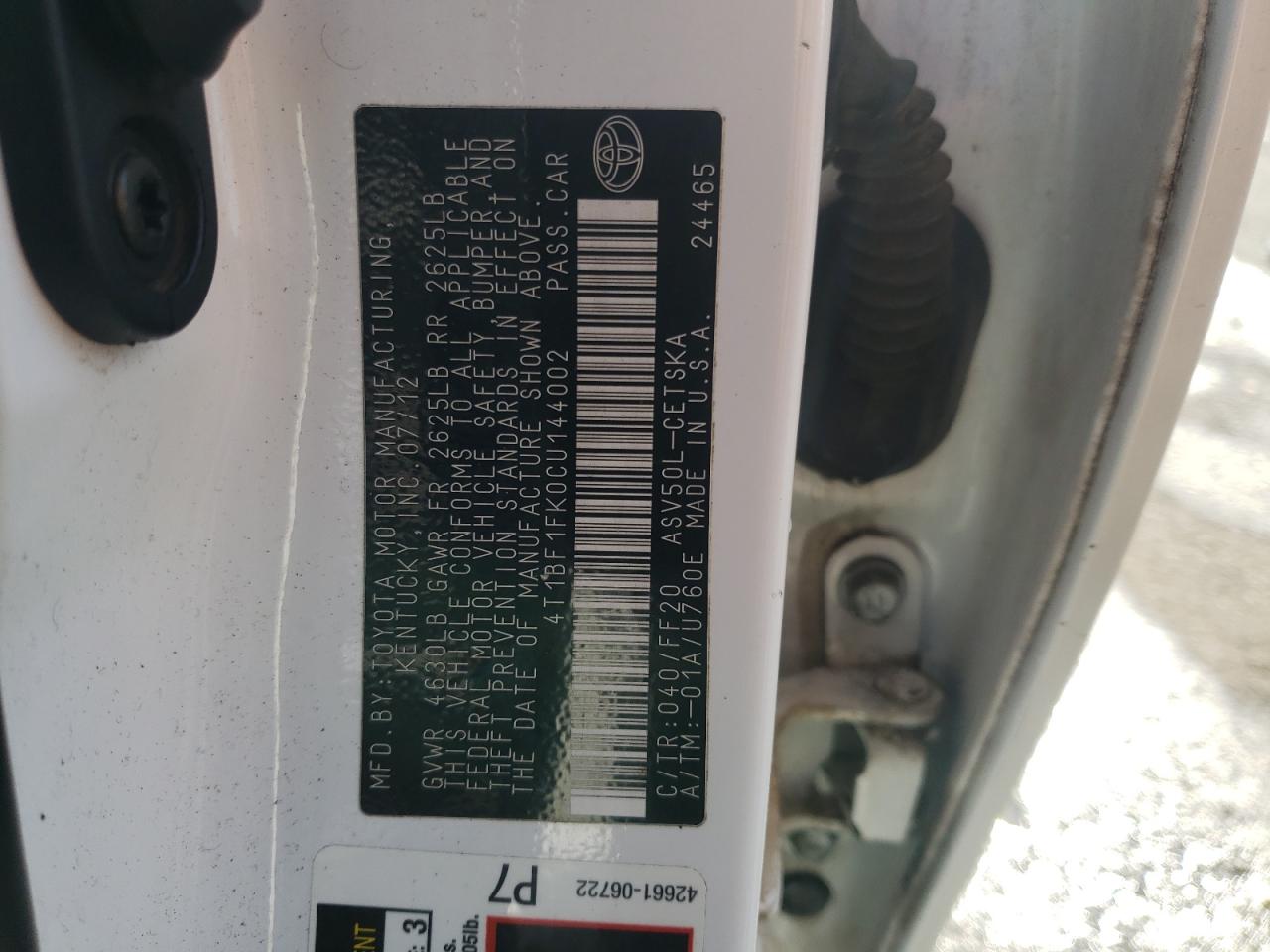2012 Toyota Camry Base VIN: 4T1BF1FK0CU144002 Lot: 80908355