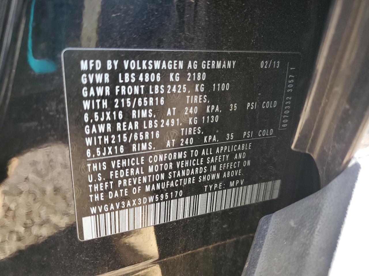 2013 Volkswagen Tiguan S VIN: WVGAV3AX3DW595170 Lot: 81466035