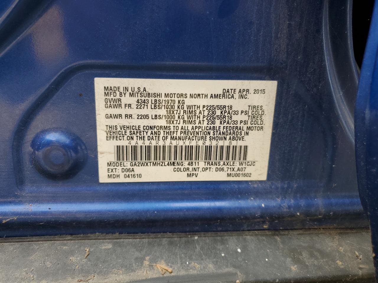 2015 Mitsubishi Outlander Sport Es VIN: 4A4AR3AUXFE032181 Lot: 84173695