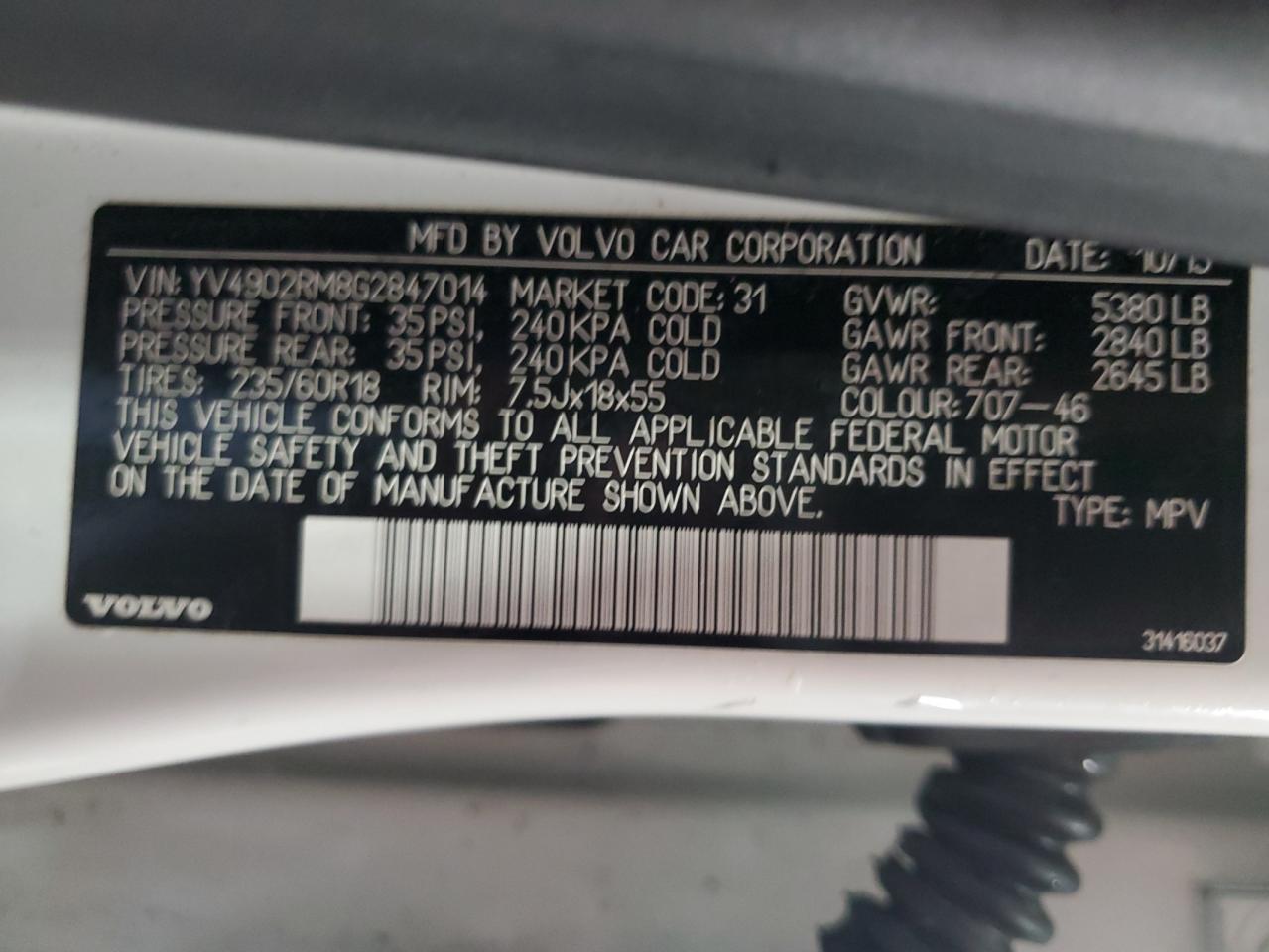 2016 Volvo Xc60 T6 Platinum VIN: YV4902RM8G2847014 Lot: 84238575