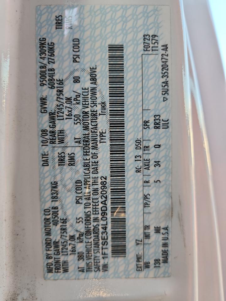 2009 Ford Econoline E350 Super Duty Van VIN: 1FTSE34L09DA20982 Lot: 82064075