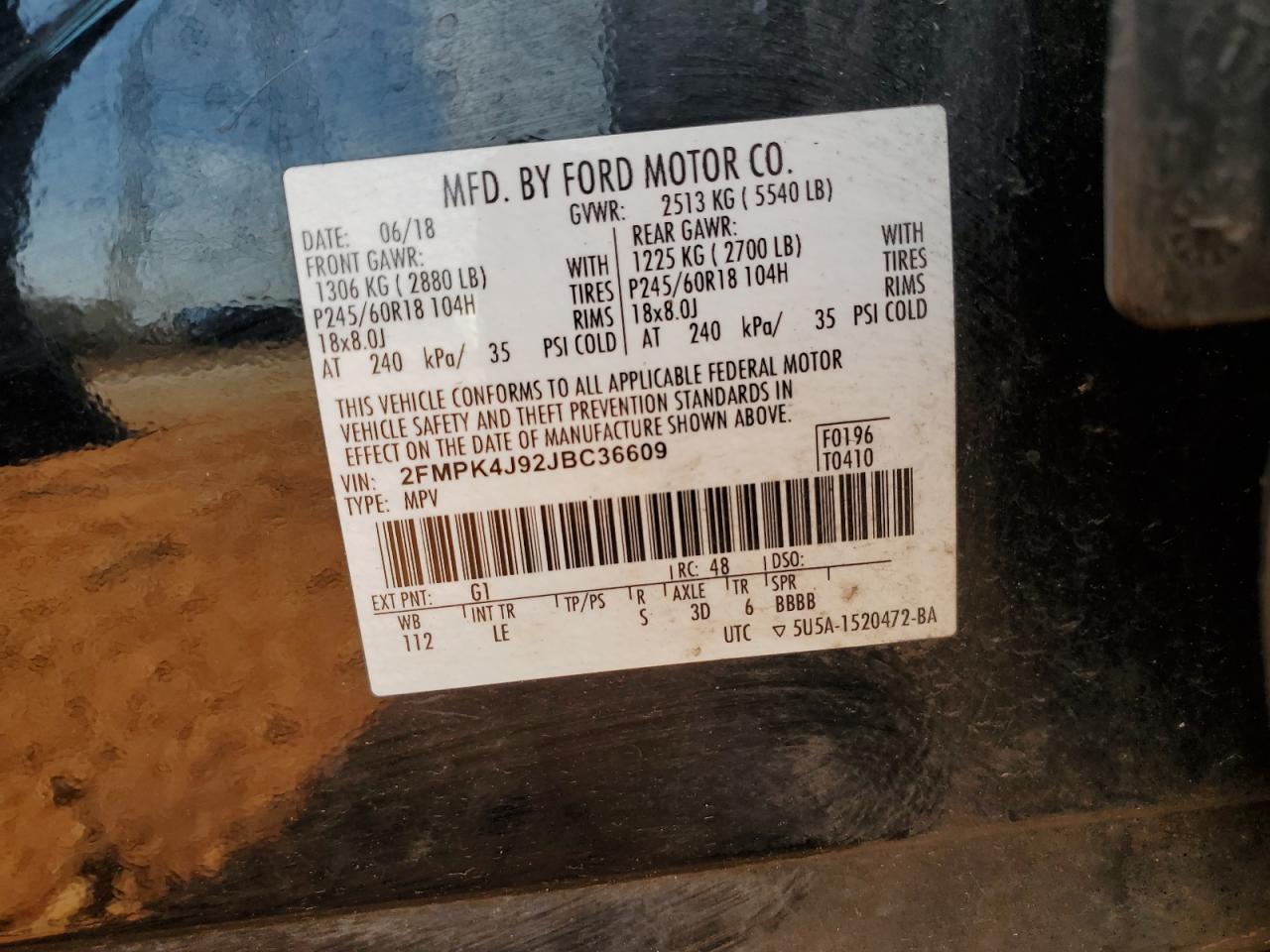 2018 Ford Edge Sel VIN: 2FMPK4J92JBC36609 Lot: 82127945