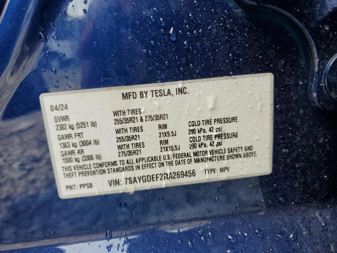 2024 Tesla Model Y VIN: 7SAYGDEF2RA269456 Lot: 81261395