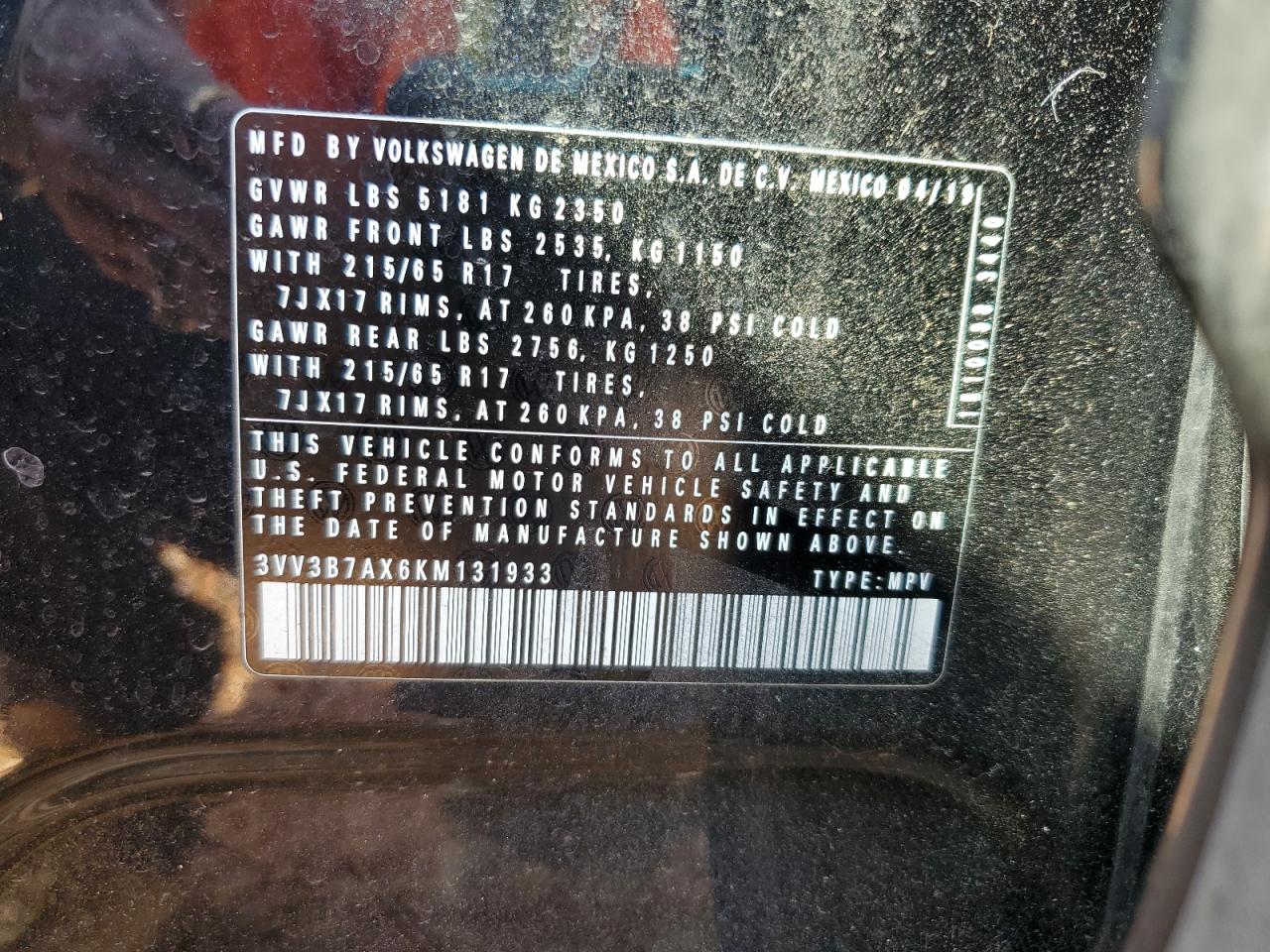 2019 Volkswagen Tiguan Se VIN: 3VV3B7AX6KM131933 Lot: 80269985