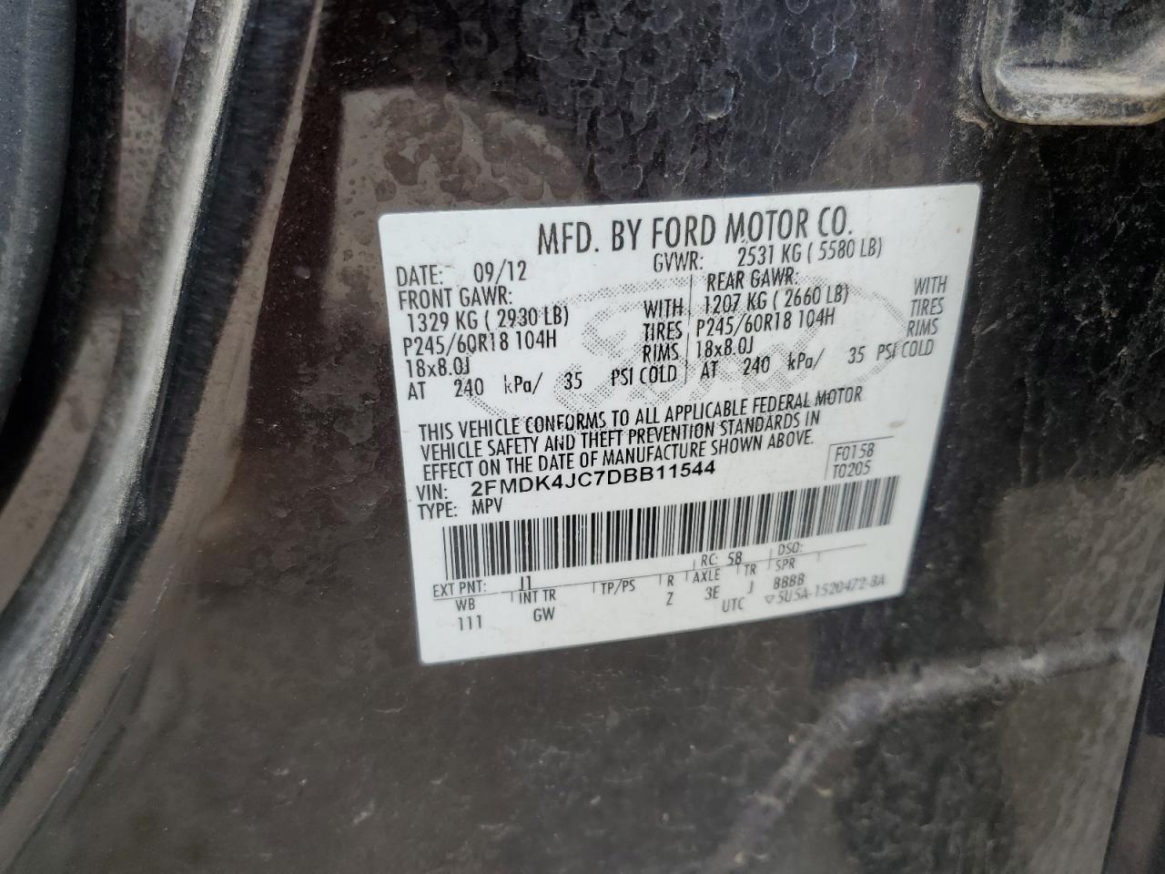 2013 Ford Edge Sel VIN: 2FMDK4JC7DBB11544 Lot: 81789305