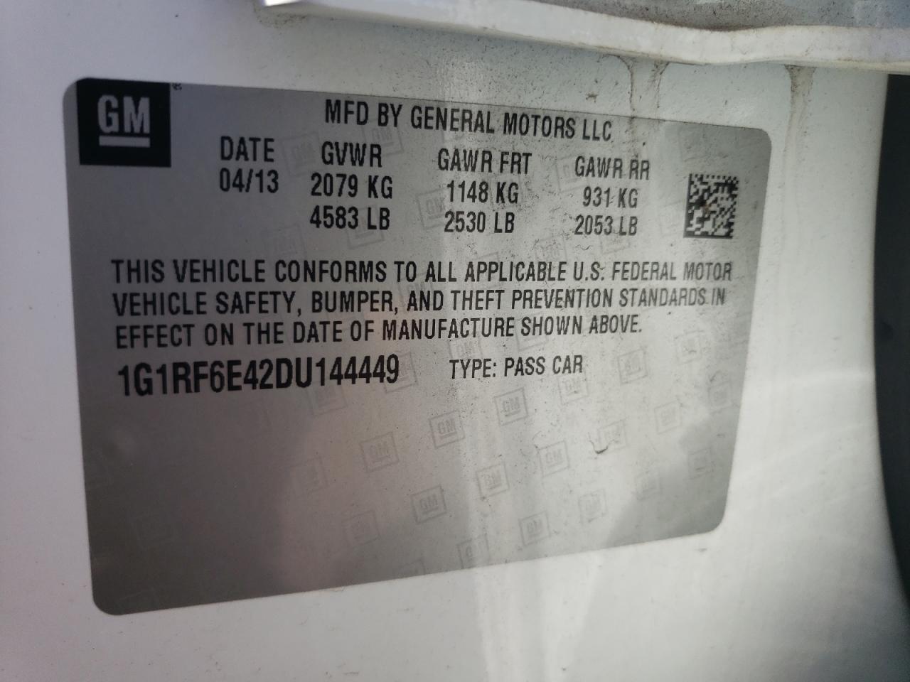 2013 Chevrolet Volt VIN: 1G1RF6E42DU144449 Lot: 71595455