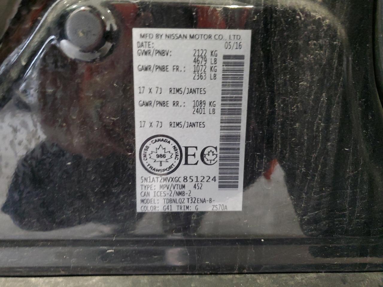 2016 Nissan Rogue S VIN: 5N1AT2MVXGC851224 Lot: 82144305