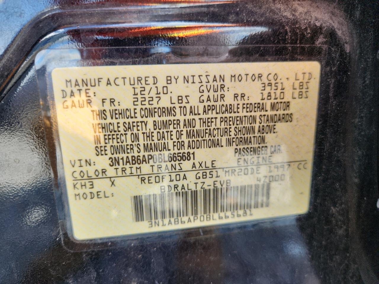 2011 Nissan Sentra 2.0 VIN: 3N1AB6AP0BL665681 Lot: 84266795