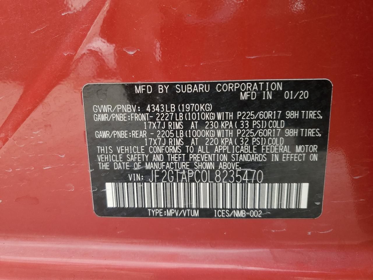 2020 Subaru Crosstrek Premium VIN: JF2GTAPC0L8235470 Lot: 71818155