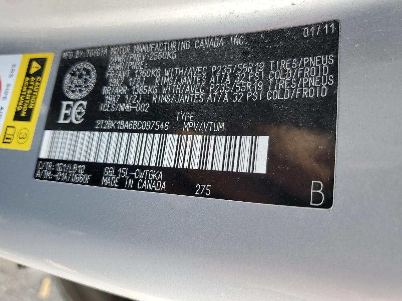 2011 Lexus Rx 350 VIN: 2T2BK1BA6BC097546 Lot: 72018955