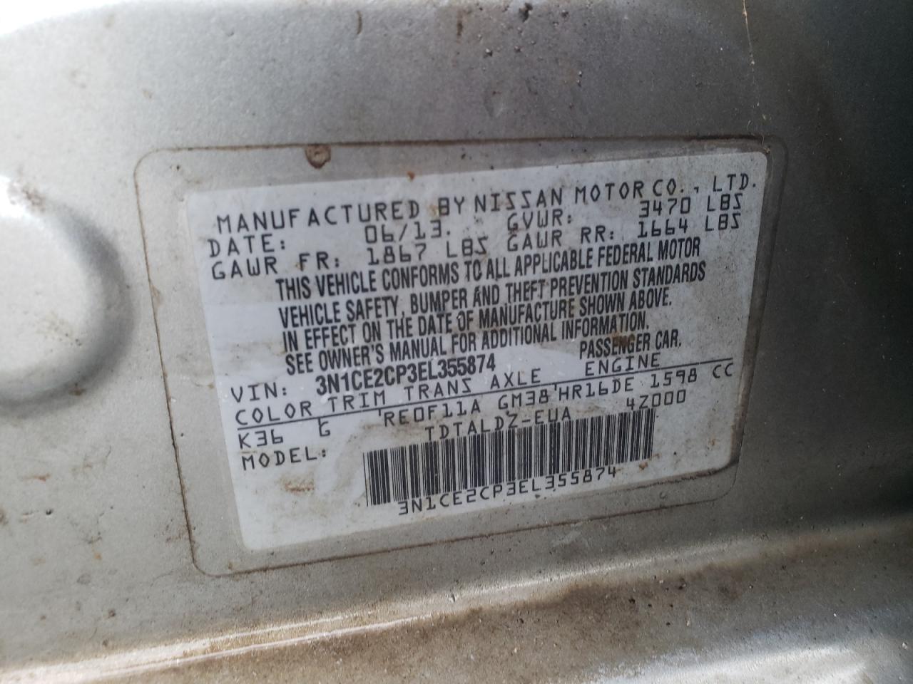 2014 Nissan Versa Note S VIN: 3N1CE2CP3EL355874 Lot: 83871495