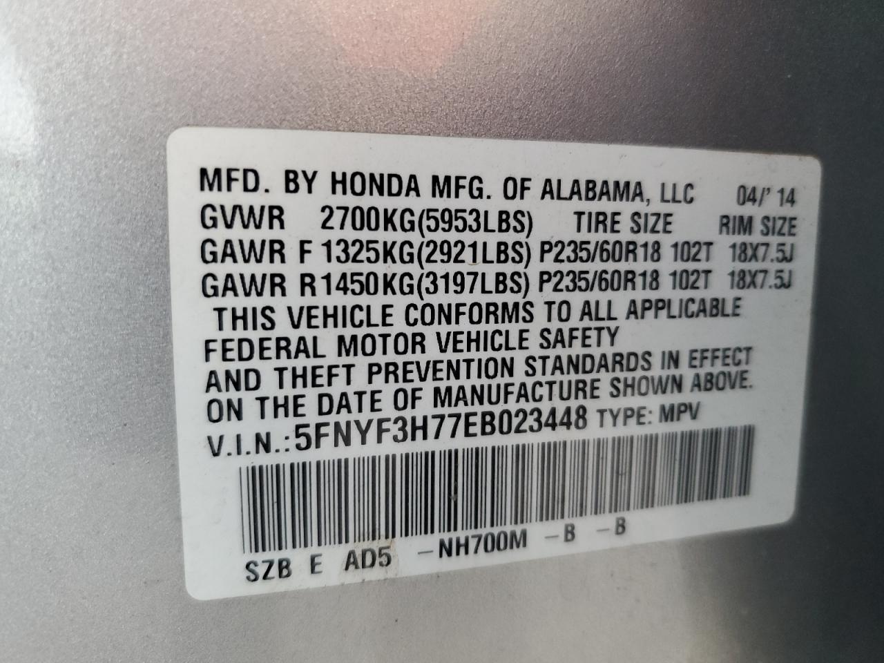 2014 Honda Pilot Exln VIN: 5FNYF3H77EB023448 Lot: 80454015