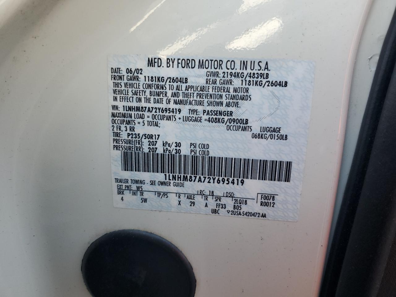 2002 Lincoln Ls VIN: 1LNHM87A72Y695419 Lot: 72005985