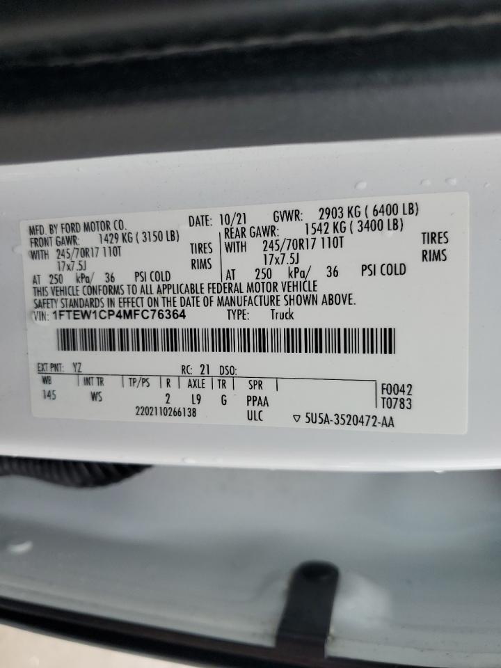 2021 Ford F150 Supercrew VIN: 1FTEW1CP4MFC76364 Lot: 83938825