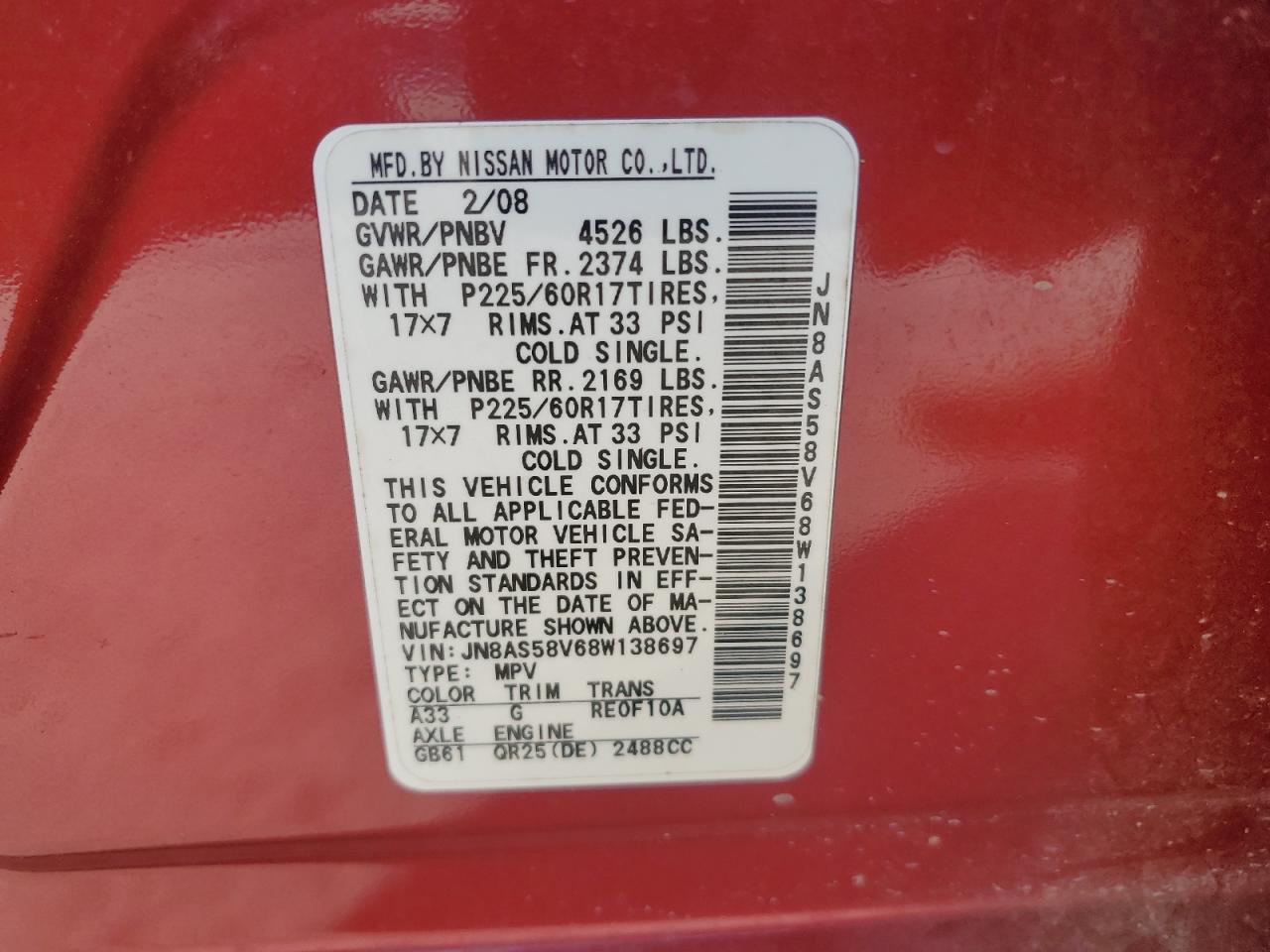 2008 Nissan Rogue S VIN: JN8AS58V68W138697 Lot: 84382765