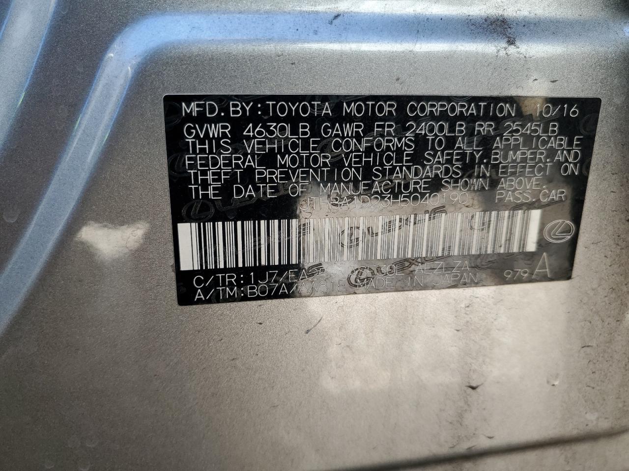 2017 Lexus Is 200T VIN: JTHBA1D23H5040190 Lot: 82172725