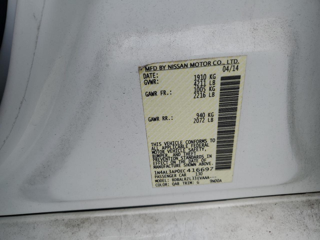 2014 Nissan Altima 2.5 VIN: 1N4AL3AP0EC416697 Lot: 83957195