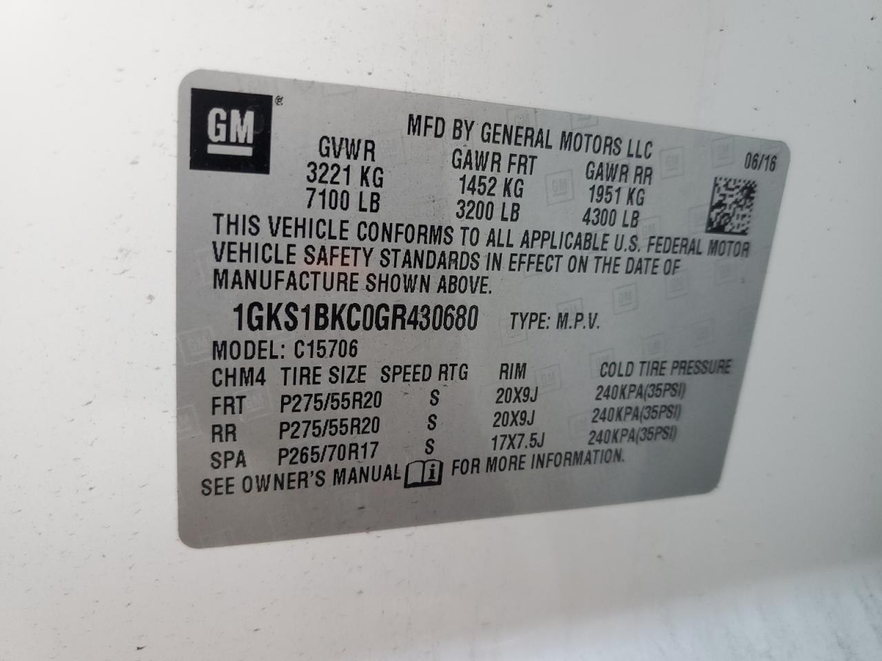 2016 GMC Yukon Slt VIN: 1GKS1BKC0GR430680 Lot: 81639765